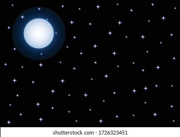 Full Moon and Starry Night Sky on Black Background Vector Illustration.