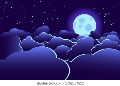 Full moon starry sky covered by clouds. Vector graphics.