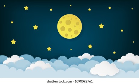 Full moon, stars, and clouds on the dark midnight sky background. Night sky scenery background. Paper art style. Clean and minimal design. Vector Illustration.