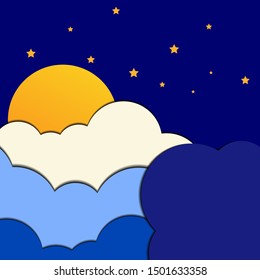 Full moon, stars, and clouds on the midnight sky background. Minimal night sky scenery background. Paper art and craft style. Vector Illustration EPS 10.