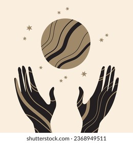 Full moon, stars and hands mystical symbol hand drawn flat vector illustration. Rituals, horoscope, lifestyle, Purnima day. Design element for poster, print, card, t-shirt, template