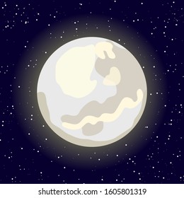 Full moon with stars. Illustration on night  starry background. Solar system. Astronomy. Drawing in cartoon flat style. Vector. 