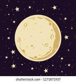 Full Moon and Stars in The Night Sky Vector Illustration in Cartoon Style