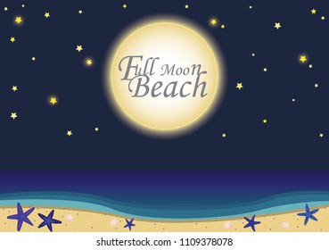 full moon with stars on the night sky at summer beach vector background.