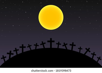 Full moon and stars over crosses on hill in halloween night.