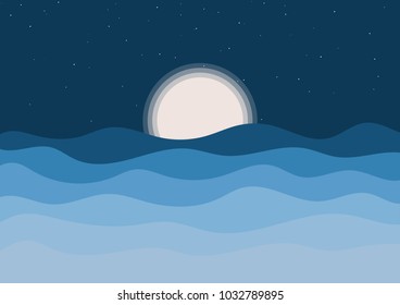 Full moon with stars sea in blue shades, vector illustration