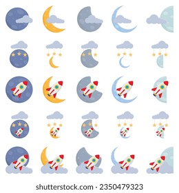 Full Moon and Stars Set Cartoon Style on a Night Sky Element of Mid Autumn Festival Celebration .
