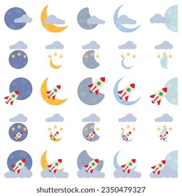 Full Moon and Stars Set Cartoon Style on a Night Sky Element of Mid Autumn Festival Celebration .