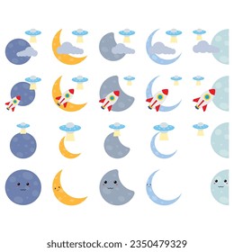 Full Moon and Stars Set Cartoon Style on a Night Sky Element of Mid Autumn Festival Celebration .