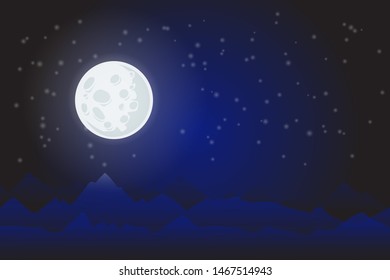 Full moon surface on night sky with stars vector illustration. Moon light fantasy background with cosmos, galaxy and landscape of a planet, glowing in the dark for wallpaper, space materials