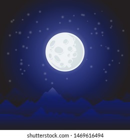 Full moon surface on night sky with stars vector illustration. Moon light fantasy background with cosmos, galaxy and landscape of a planet, glowing in the dark for wallpaper, space materials