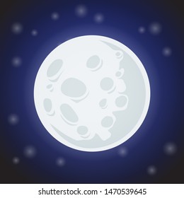 Full moon surface on night sky with stars vector illustration. Moon light fantasy background with cosmos, galaxy and landscape of a planet, glowing in the dark for wallpaper, space materials