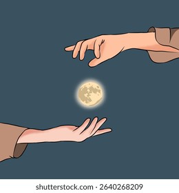 A full moon suspended between two outstretched hands, suggesting balance, harmony, giving and receiving, or a delicate connection to the universe
