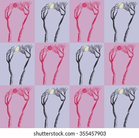 Full moon tangled in branches of trees.It's like they're playing ball.