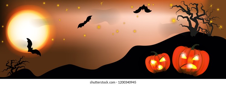 Full moon time landscape with pumpkins and bats