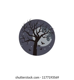 full moon and tree bat colored illustration. Element of Halloween for mobile concept and web apps. Colored full moon and tree bat illustration can be used for web and mobile