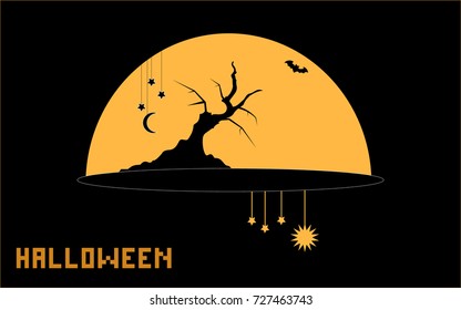 Full moon, trees and bats. Orange halloween background. Vector Illustration.