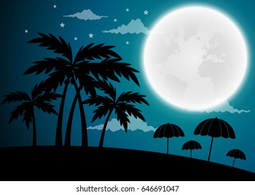 Full moon twilight with dark palms silhouettes, vector background