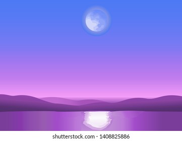 A full moon under a mountain lake. An evening time nature landscape. Vector illustration.