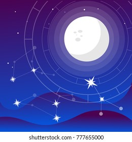 Full Moon vector flat Illustration on night colors gradient backgroud with constellation of stars and soft light and mountaings and natal chart. Used for logo, icon or templates for web