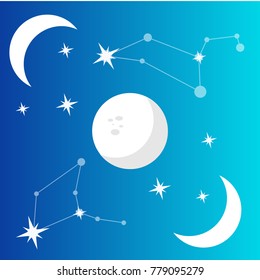 Full Moon vector flat Illustration on a gradient backgroud with constellation of stars, phases of moon and soft light. Used for logo, icon or templates for web. Children illustration for astronomy