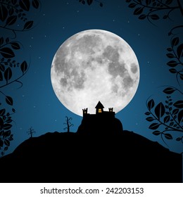 Full Moon Vector Illustration with Castle and Trees