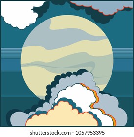 Full moon vector illustration. Planet and sky hand drawn vector illustration. Cartoon moon for logo, poster, postcard, clothing print, flyer. Blue yellow moon and clouds in night sky. Isolated object.