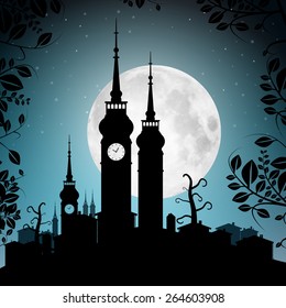 Full Moon Vector Illustration with Town Silhouette - Houses and Towers Cityscape