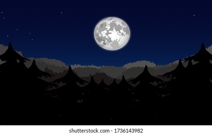 Luna llena vista desde el bosque de pinos en la noche