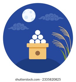 Full moon viewing on Tsukimi, Japanese Mid-Autumn Festival. Night sky with dango (rice cakes) and pampas grass. Flat cartoon vector illustration.