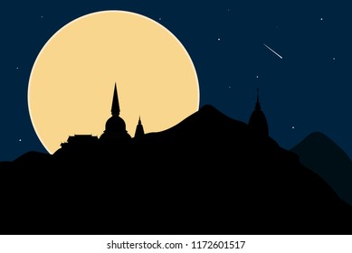 Full moon at Wat Phra That Doi Suthep is a major tourist destination of Chiang Mai, Thailand. Vector Design.