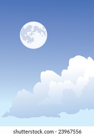 The full moon and white clouds in a blue sky.