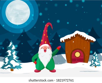 Full Moon Winter Landscape Background with Snowy House and Cartoon Gnome Character.