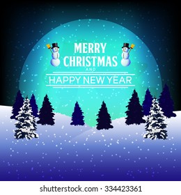 Full moon at winter night with Merry Christmas and Happy New Year text
