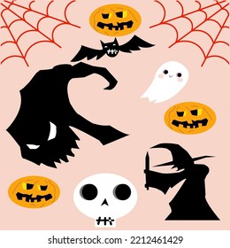 Full moon, witch cauldron, spiders web and flying bat. Set of Halloween on a pink background. Vector illustration