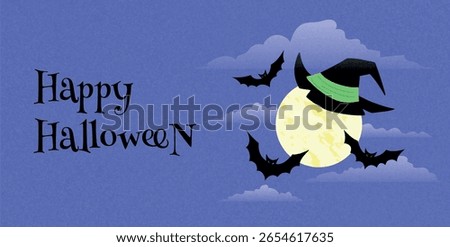 Full Moon Witch Hat Flying Bats in Night Clouds. Halloween Greeting Card and Banner. Mysterious Atmospheric Scene. Flat Vector Illustration