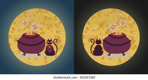 Full Moon with witch pot and black cat on a Blue and black Sky. Vector halloween Illustration