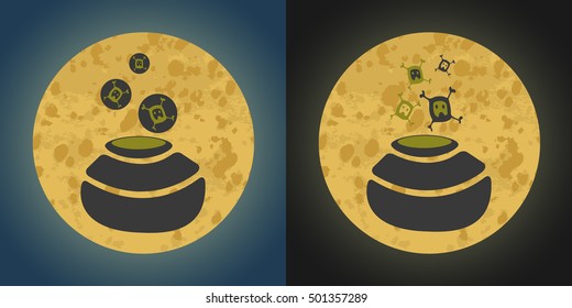 Full Moon with witch pot on a Blue and black Sky. Vector halloween Illustration