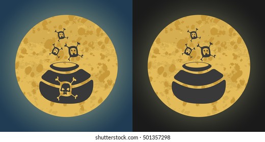 Full Moon with witch pot on a Blue and black Sky. Vector halloween Illustration