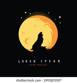 Full moon and wolves howl logo design illustration vector