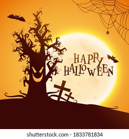 Full Moon Yellow and Brown Background with Scary Tree, Tombstones, Flying Bats and Spiderweb for Happy Halloween Celebration.