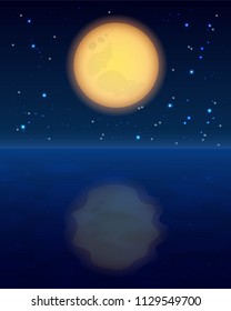 Full Moon yellow on night sky with star and his reflection in water . Vector