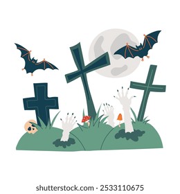 Luna llena, manos de zombies, murciélagos en Halloween en el viejo cementerio. Lápidas, tumbas, cruces en el cementerio. Antiguo cementerio para las vacaciones de octubre. Ilustración vectorial aislada