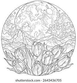 Full moon,mountains and tulips in a round frame.Landscape.Coloring book antistress for children and adults. Illustration isolated on white background.Zen-tangle style. Hand draw