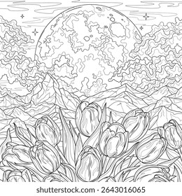 Full moon,mountains and tulips.Landscape.Coloring book antistress for children and adults. Illustration isolated on white background.Zen-tangle style. Hand draw