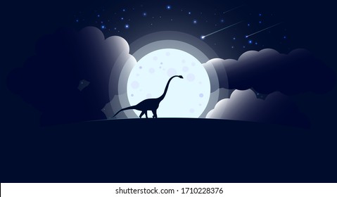 Full moonrise over the hill, dinosaur silhouette under glare stars, fantasmagoria, vector illustration.