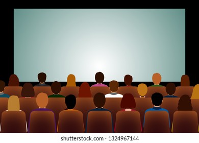 Full of moviegoers cinema hall. Vector illustration.