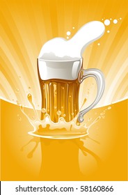 full mug fresh beer on gold background