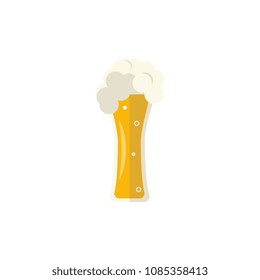Full mug of golden lager cool beer with thick white foam and water drops. Alcohol drink element. Vector flat isolated illustration on a white background.