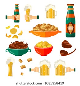 Full mug of golden lager cool beer thick white foam , glass bottle, chips, crispy rusks, grilled meat steak, toasting hands. Alcohol drink and snacks set. Vector flat isolated illustration